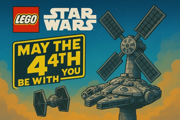 Коллаборация LEGO и Star Wars: логотипы брендов на фоне звездного пространства.
