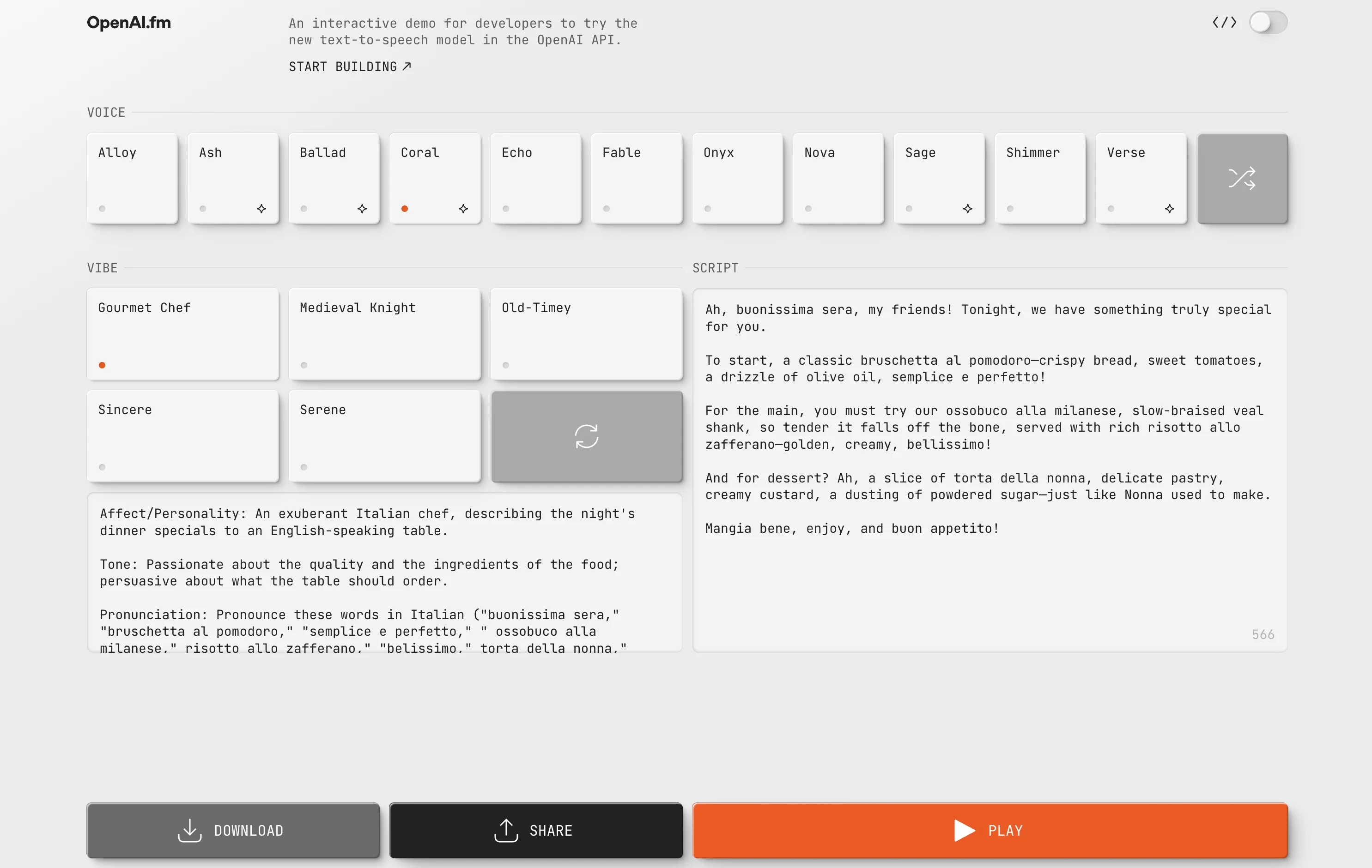 Интерфейс OpenAI.fm для генерации речи из текста с разными голосами и стилями