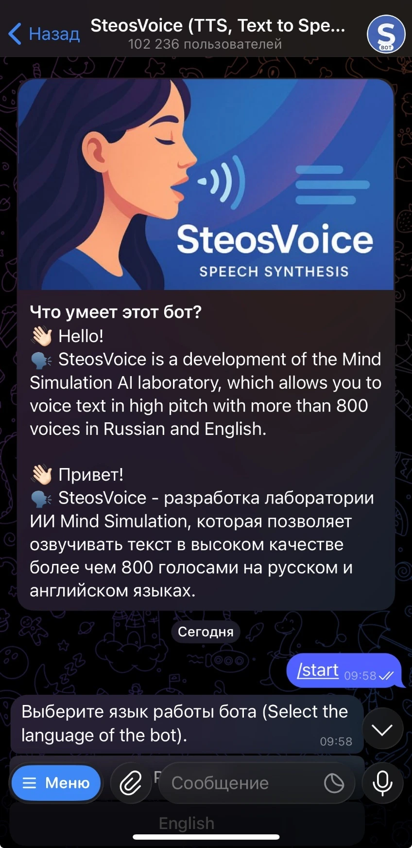 Интерфейс Telegram-бота SteosVoice для озвучки текста на русском и английском языках