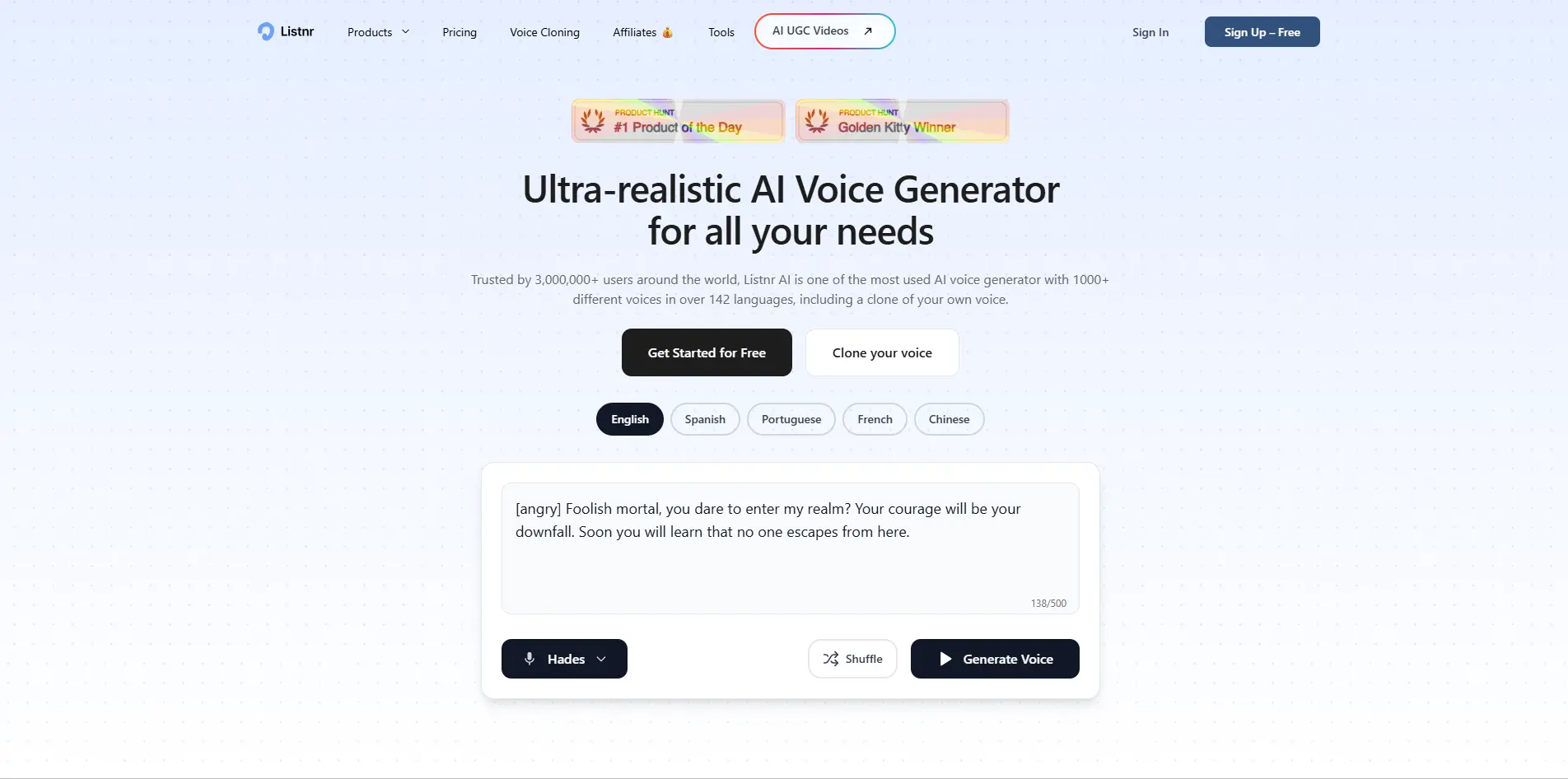 Интерфейс нейросети Listnr AI для генерации и озвучки текста с помощью искусственного интеллекта
