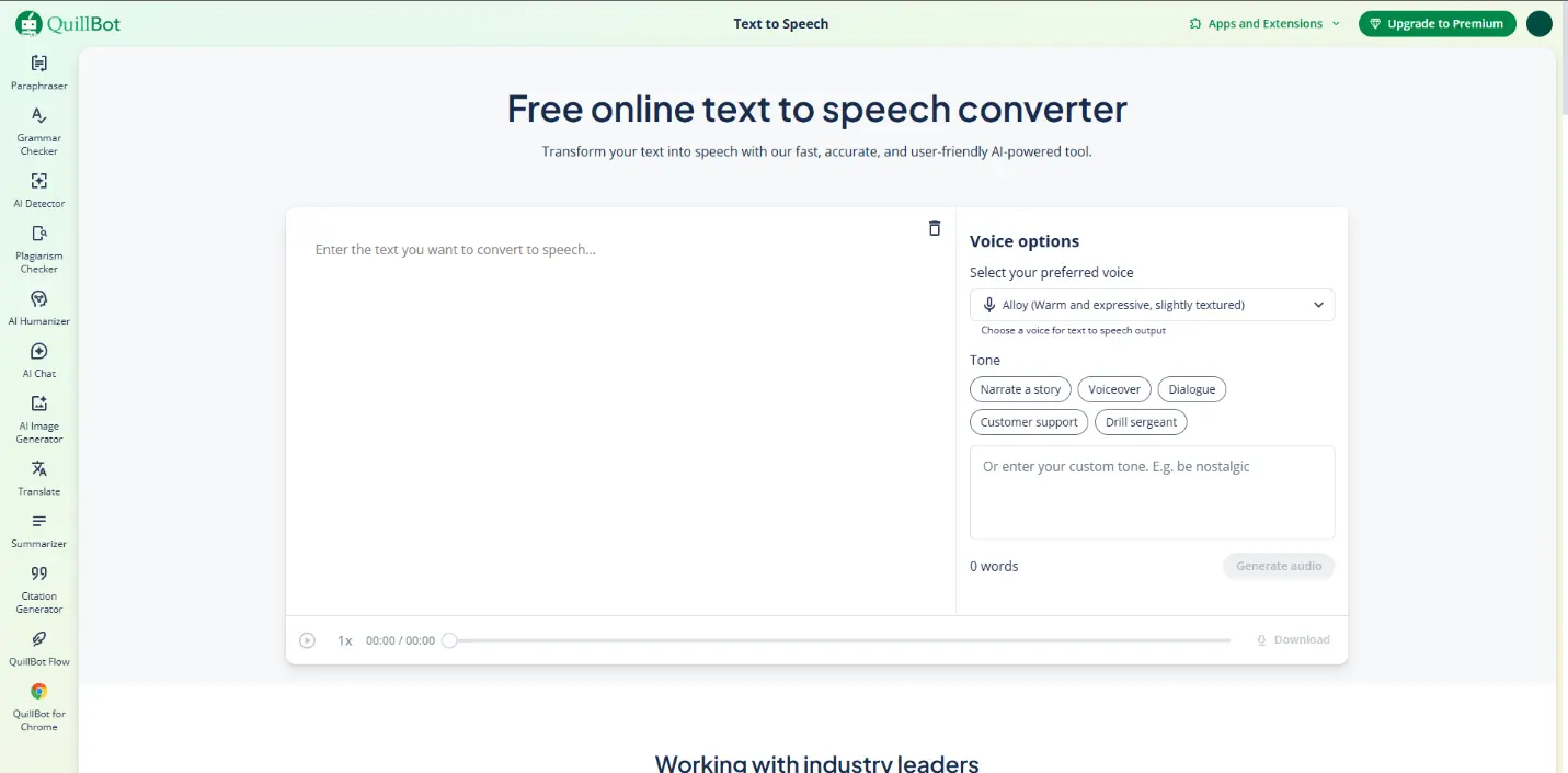 Интерфейс QuillBot для преобразования текста в речь в учебных и вспомогательных задачах