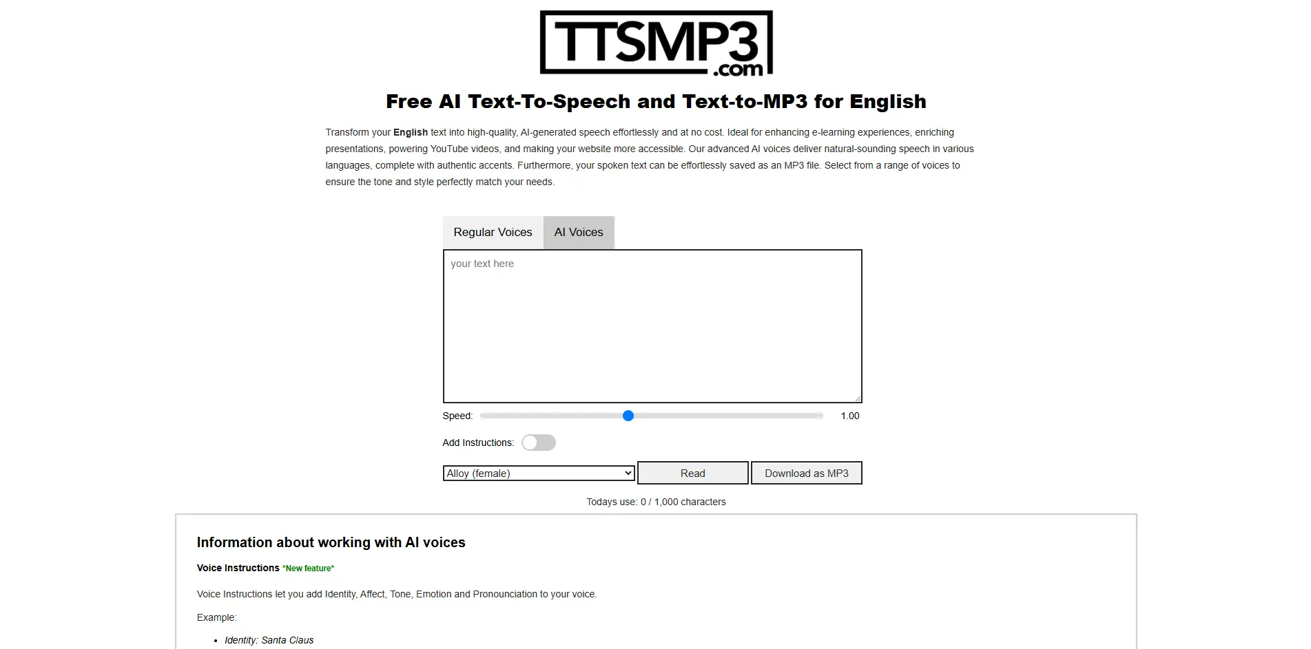 Интерфейс сервиса TTSMP3 для преобразования текста в речь и сохранения аудио в формате MP3