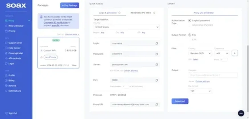 Интерфейс прокси-сервиса SOAX