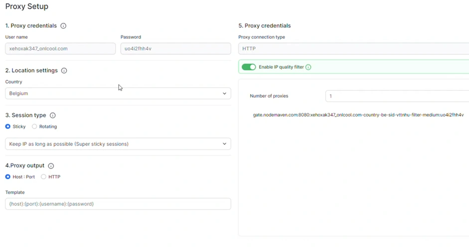 Интерфейс прокси-сервиса NodeMaven
