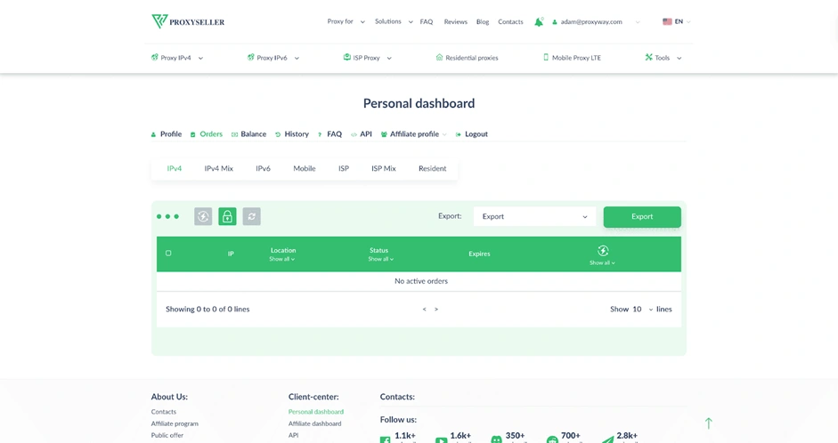 Интерфейс прокси-сервиса Proxy-Seller
