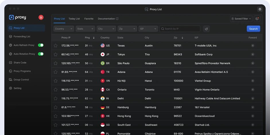Интерфейс прокси-сервиса 9Proxy