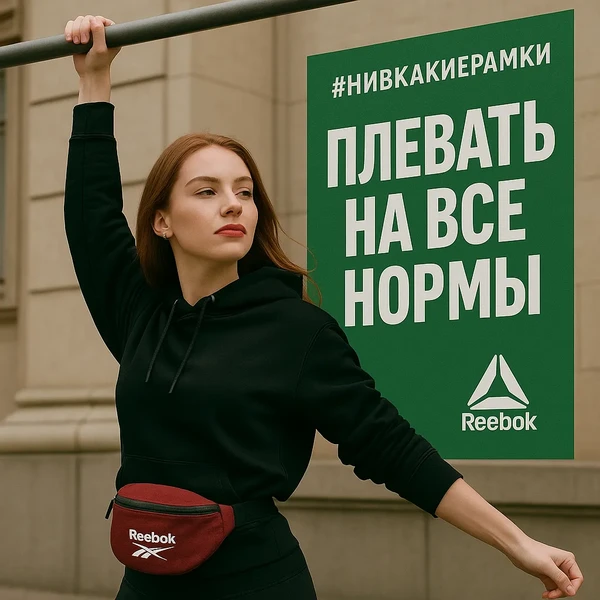 Девушка в спортивной одежде Reebok позирует на фоне граффити с хэштегом #НиВКакиеРамки
