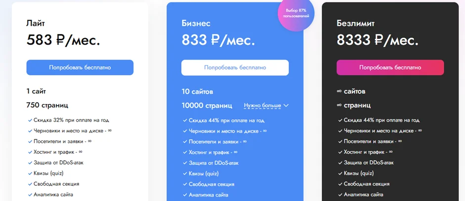 Тарифы конструктора Mottor для сайтов и магазинов