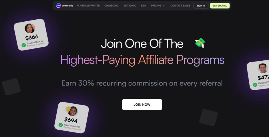 Интерфейс Writesonic Affiliate