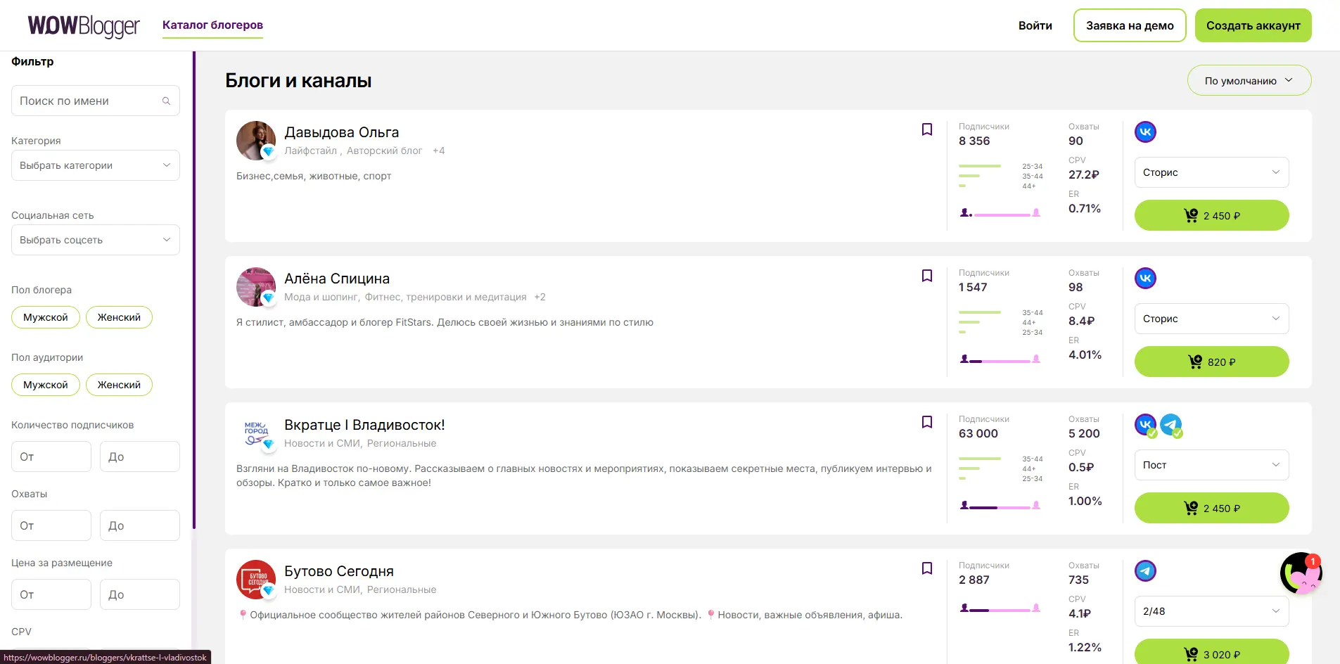 Каталог блогов и каналов на платформе WOWBlogger для размещения нативной рекламы у блогеров
