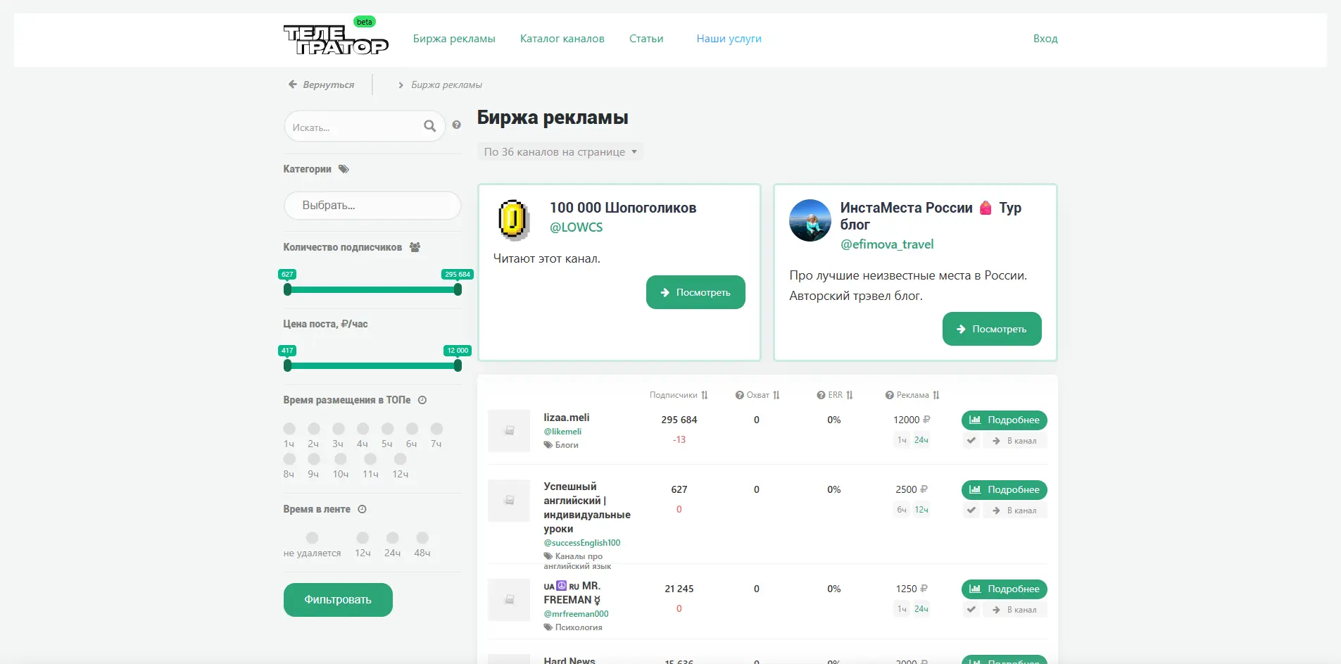 Каталог предложений BrandKarma для запуска рекламных кампаний в Telegram-каналах