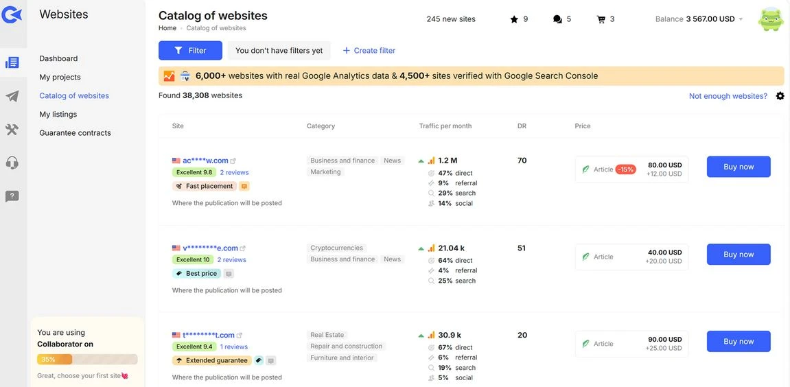 Каталог сайтов и каналов на платформе Collaborator.Pro для размещения рекламы и статей