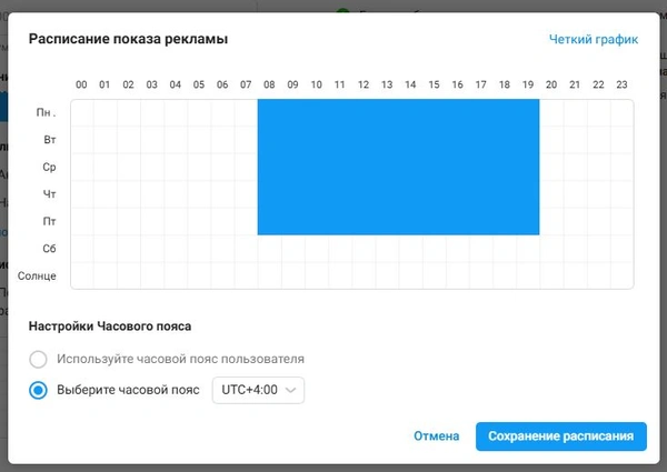 Окно настройки расписания показов рекламы в Telegram Ads