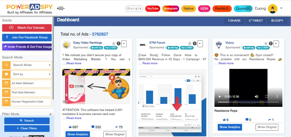 Интерфейс спай-сервиса PowerAdSpy