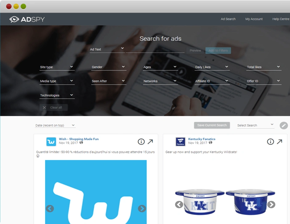 Интерфейс спай-сервиса AdSpy