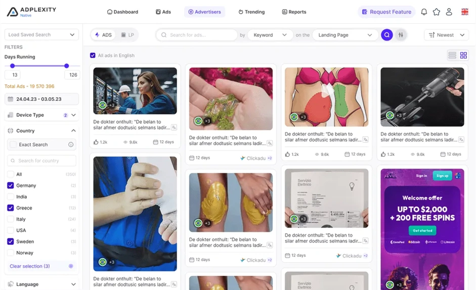 Интерфейс спай-сервиса AdPlexity