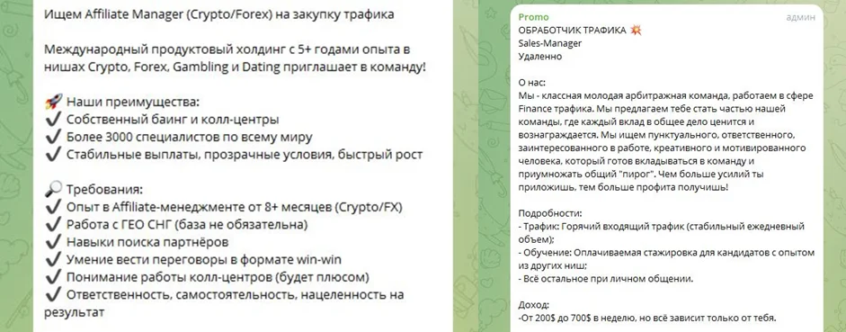 Вакансии для Affiliate Manager и обработчика трафика в арбитражной команде
