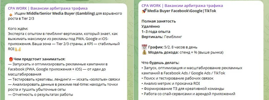 Вакансии CPA WORK: Middle/Senior Media Buyer в Gambling и медиабайер для Facebook, Google и TikTok