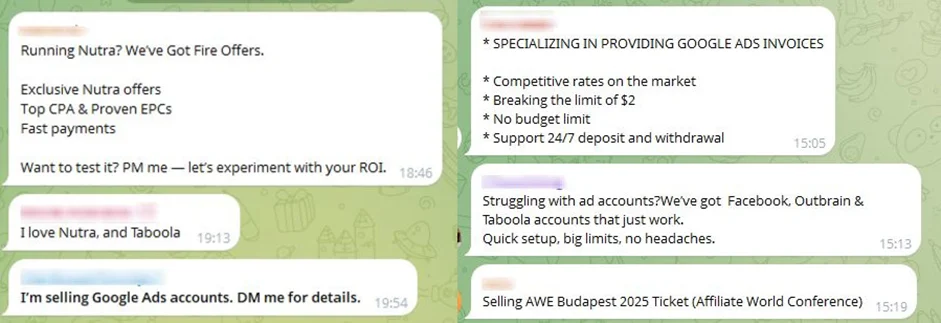 Сообщения участников чата iAmAffiliate: предложения Nutra-офферов, продажа Google Ads аккаунтов, помощь с рекламными кабинетами
