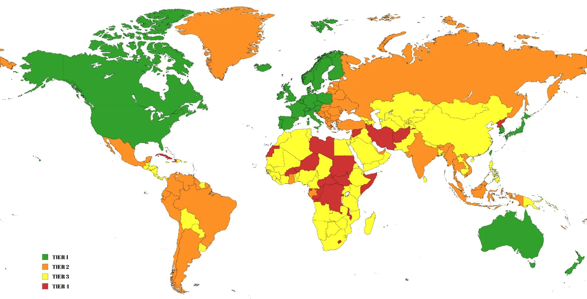 Карта мира с распределением стран по Tier 1–4