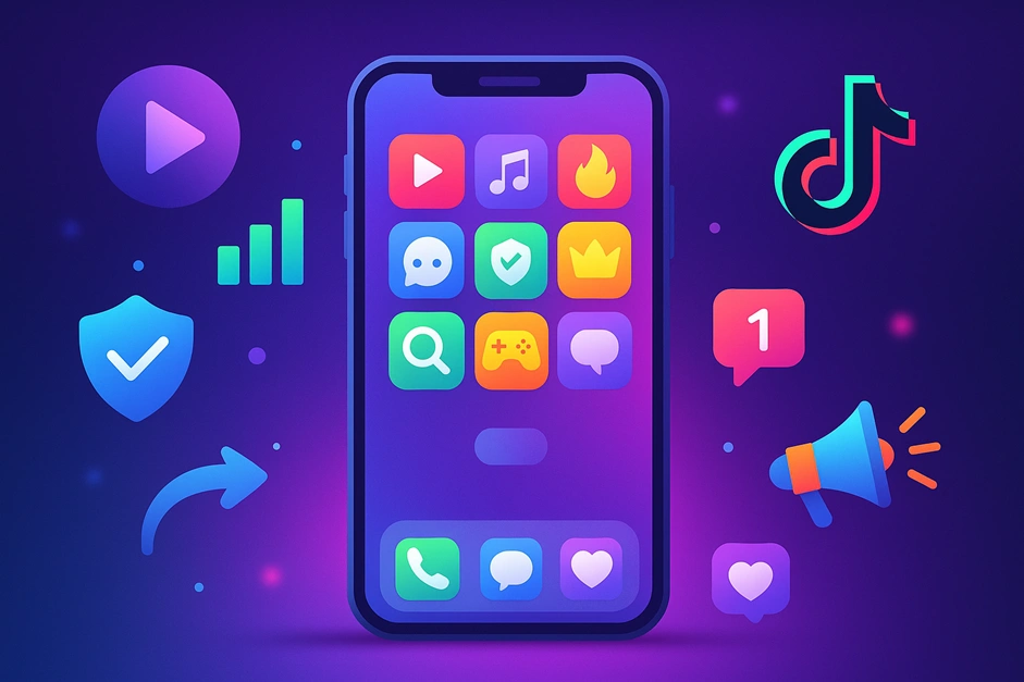 Смартфон с иконками приложений, уведомления и мегафон