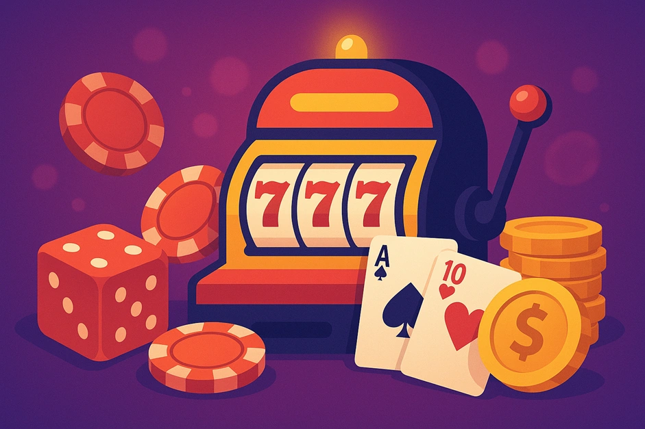 Иллюстрация игрового автомата и казино-фишек