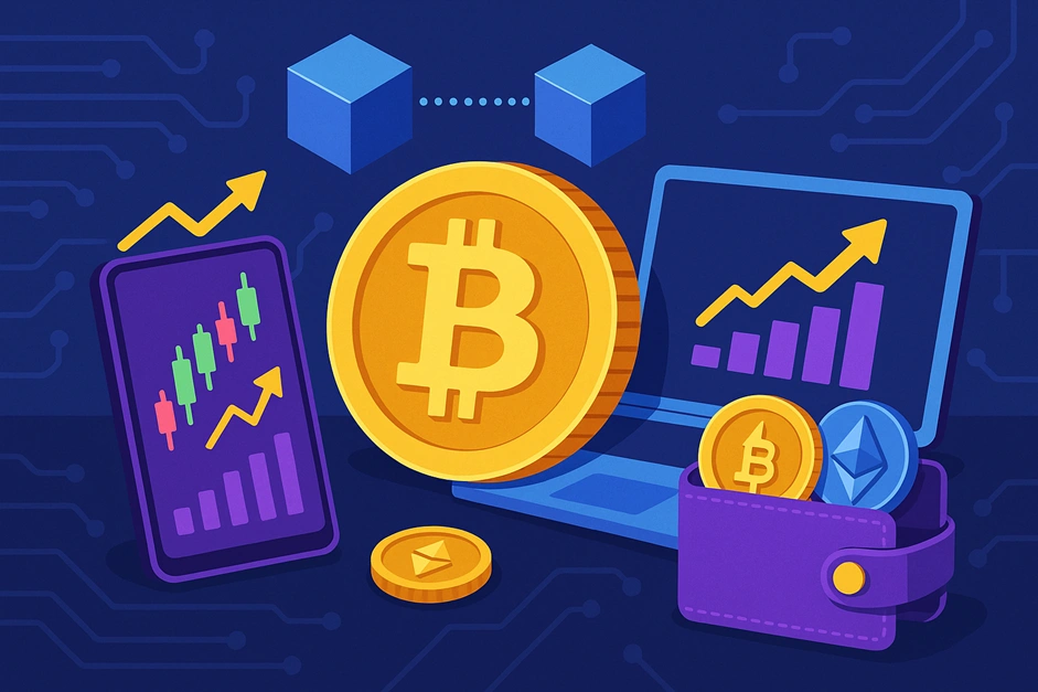 Иллюстрация с биткоином, графиками и цифровыми кошельками