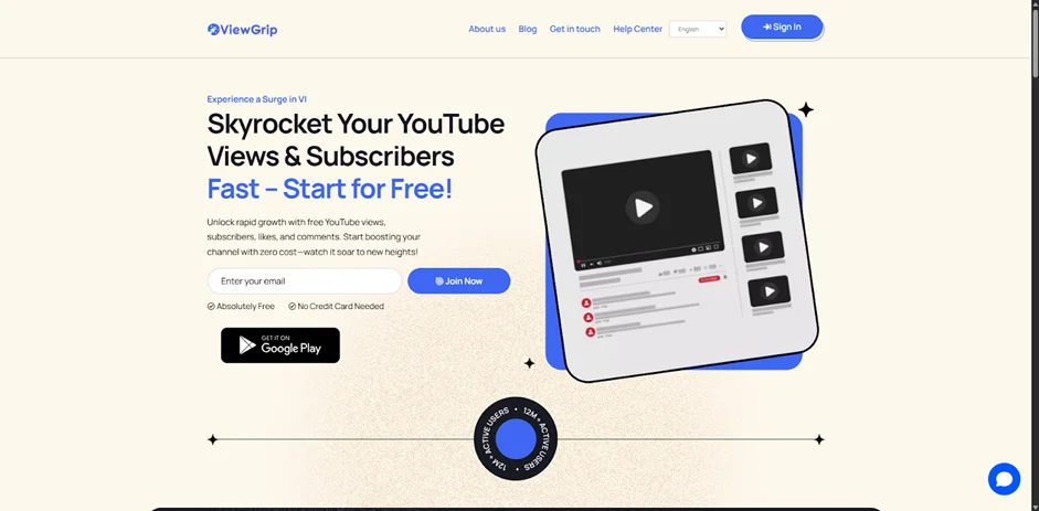 Главная страница ViewGrip — сервис для платных YouTube-заданий